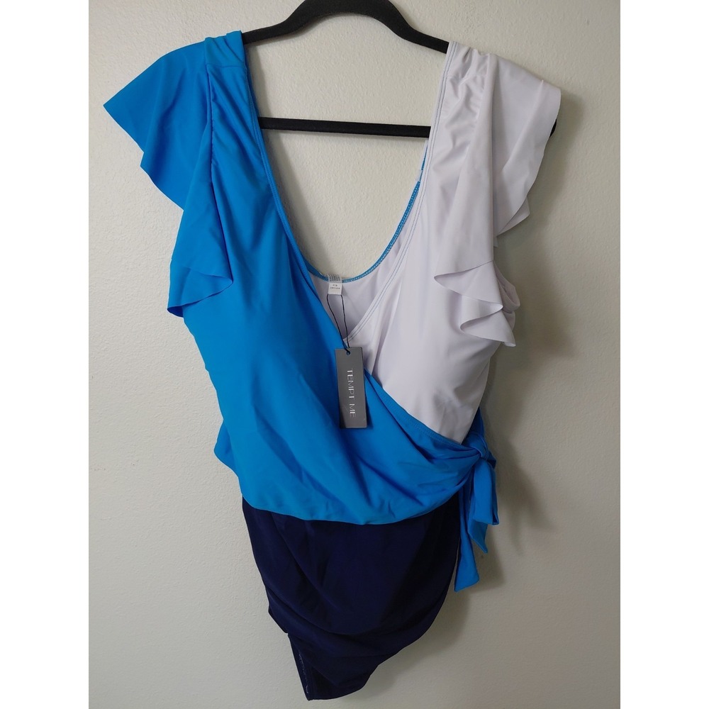 NWT Tempt Me Size 22W Wrapped & Ruching 1 Piece Blue Swimsuit